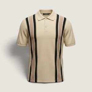 PJ Paul Jones Shirt Mens Large Beige Vertical Stripe Knit Button Up Short Sleeve